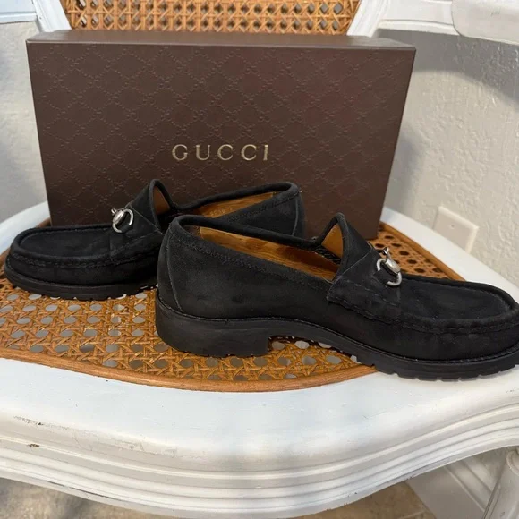 Gucci Mens Black Suede Silver Bit Lug Sole 8.5 D Loafer With Gucci Box - Picture 3 of 15